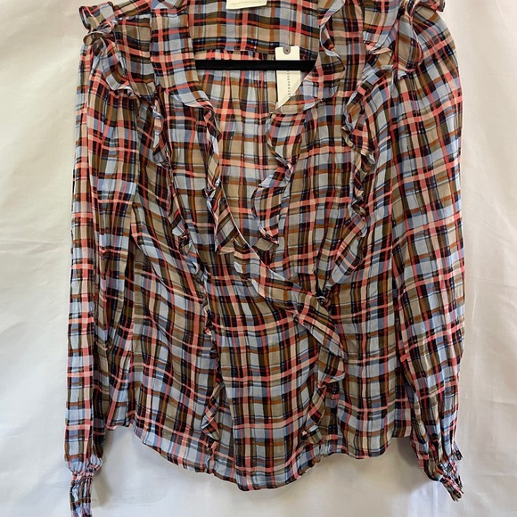 Maeve Anthropologie ruffle plaid blouse women's S multicolor NWT - Picture 1 of 5